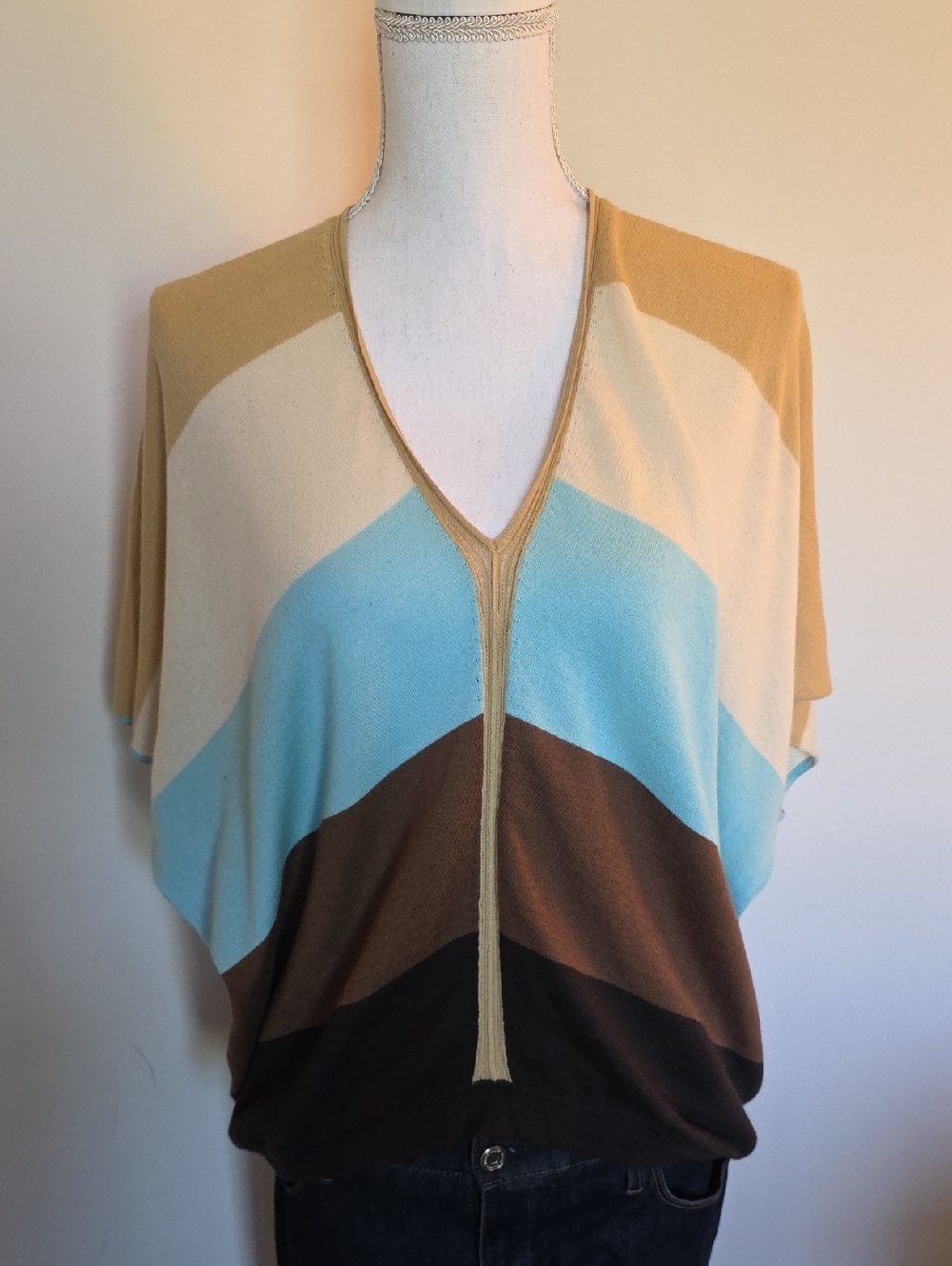 Coach Women's V-Neck Colorblock Sweater in Tan, Cream, Blue, Brown, Black